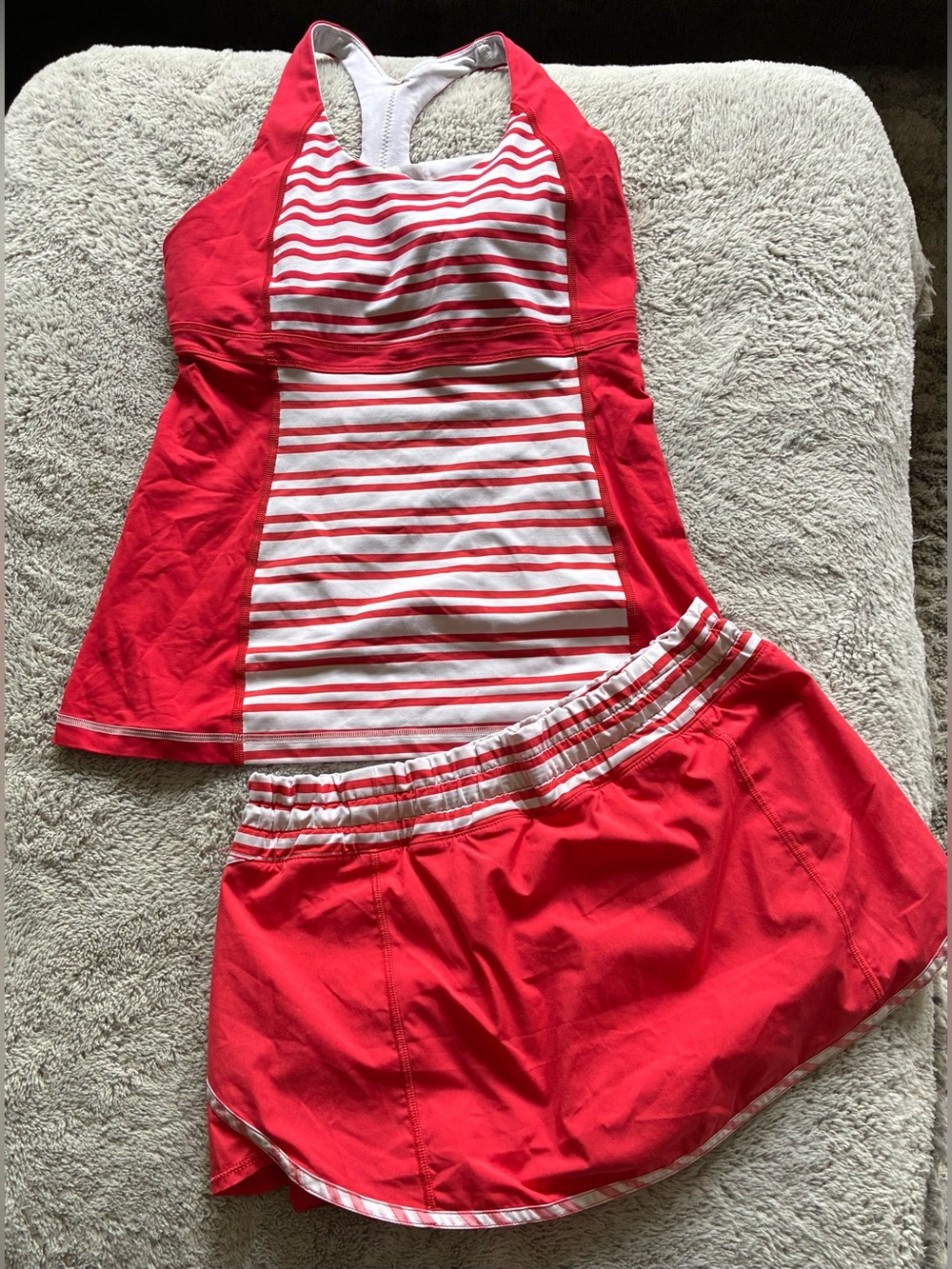 Lululemon Red and White Striped Raceback Thank & Skort Set Size 8